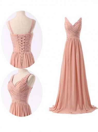 Simple V-neck Ruffles Long Chiffon Bridesmaid Dresses RS466