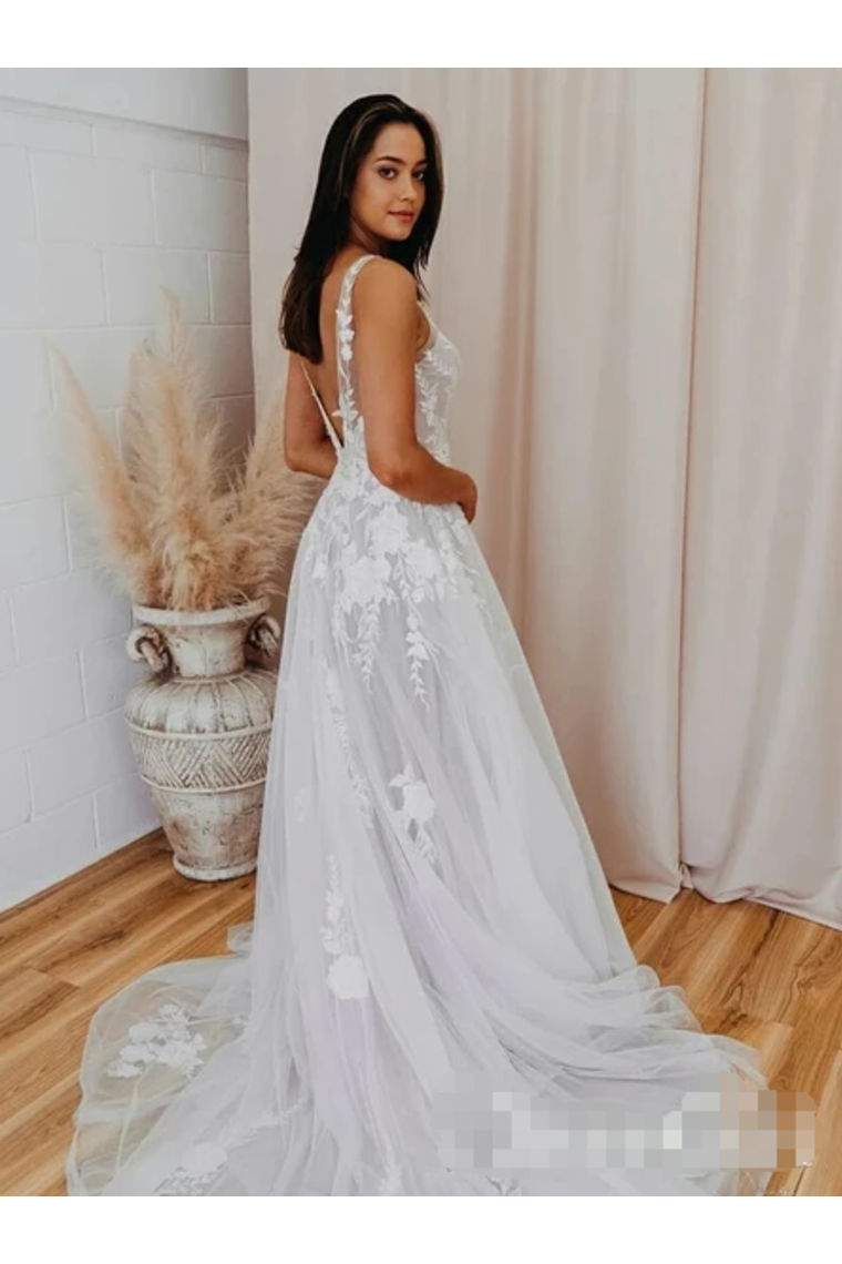 Romantic V Neckline Backless Wedding Dress Appliqued Ball Gown Bridal SRSPSMCZA6Q