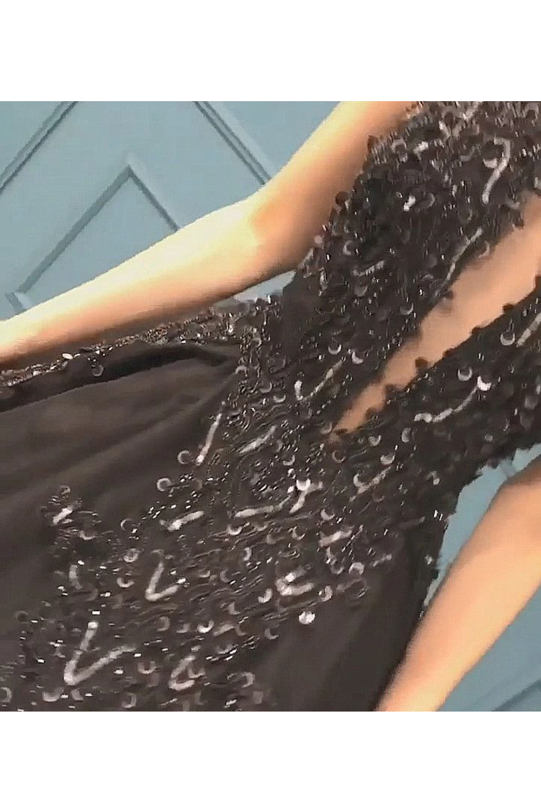 Sexy Ball Gown High Neck Black Tulle V Neck Sequins Party Dresses Prom SRSPQC2HNL1