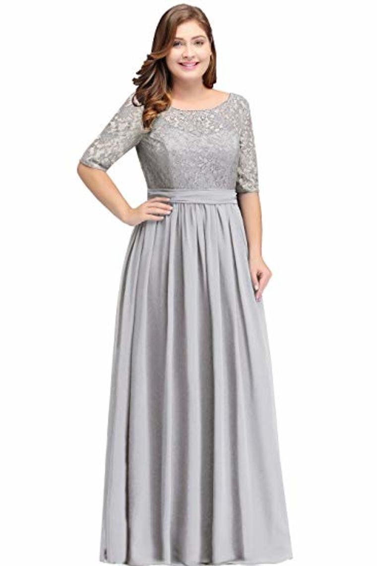 Plus Size Lace Chiffon With Half Sleeves Elegant Long Ball Evening Dress
