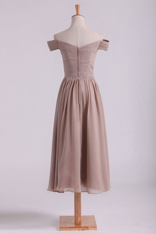 2024 Off The Shoulder Bridesmaid Dresses A-Line Tea Length Chiffon