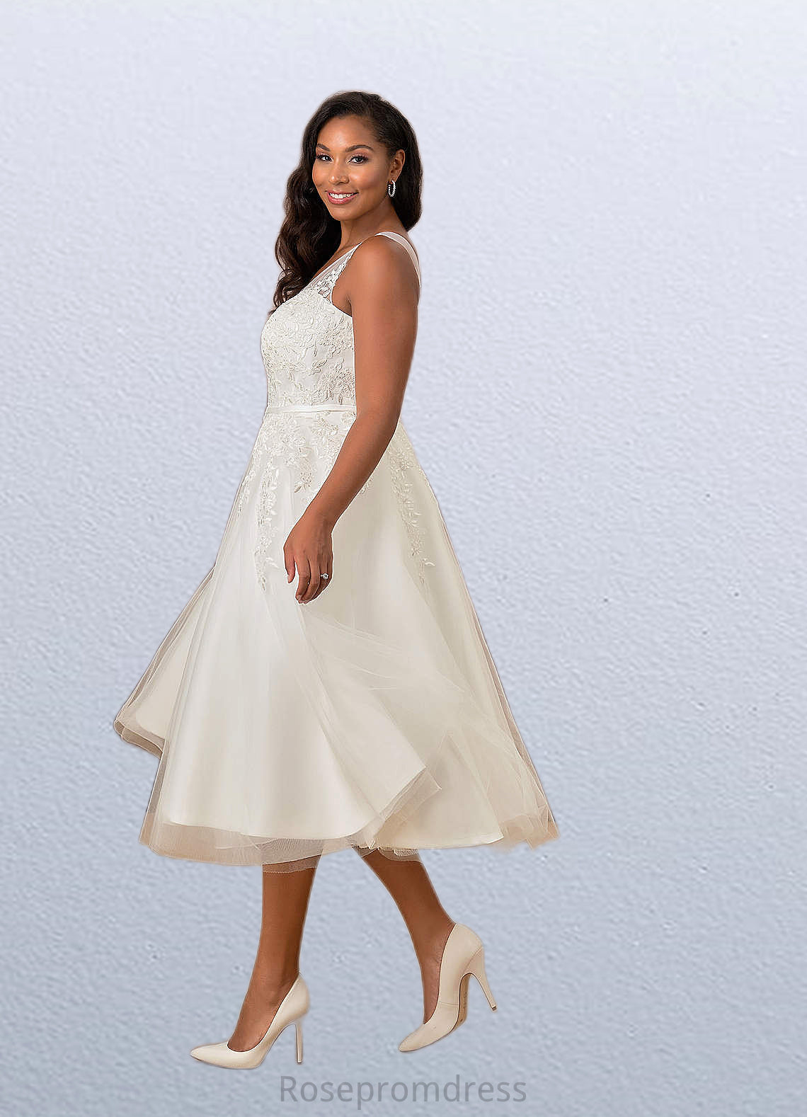 Polly A-Line Lace Satin Tea-Length Dress SRSP0020051