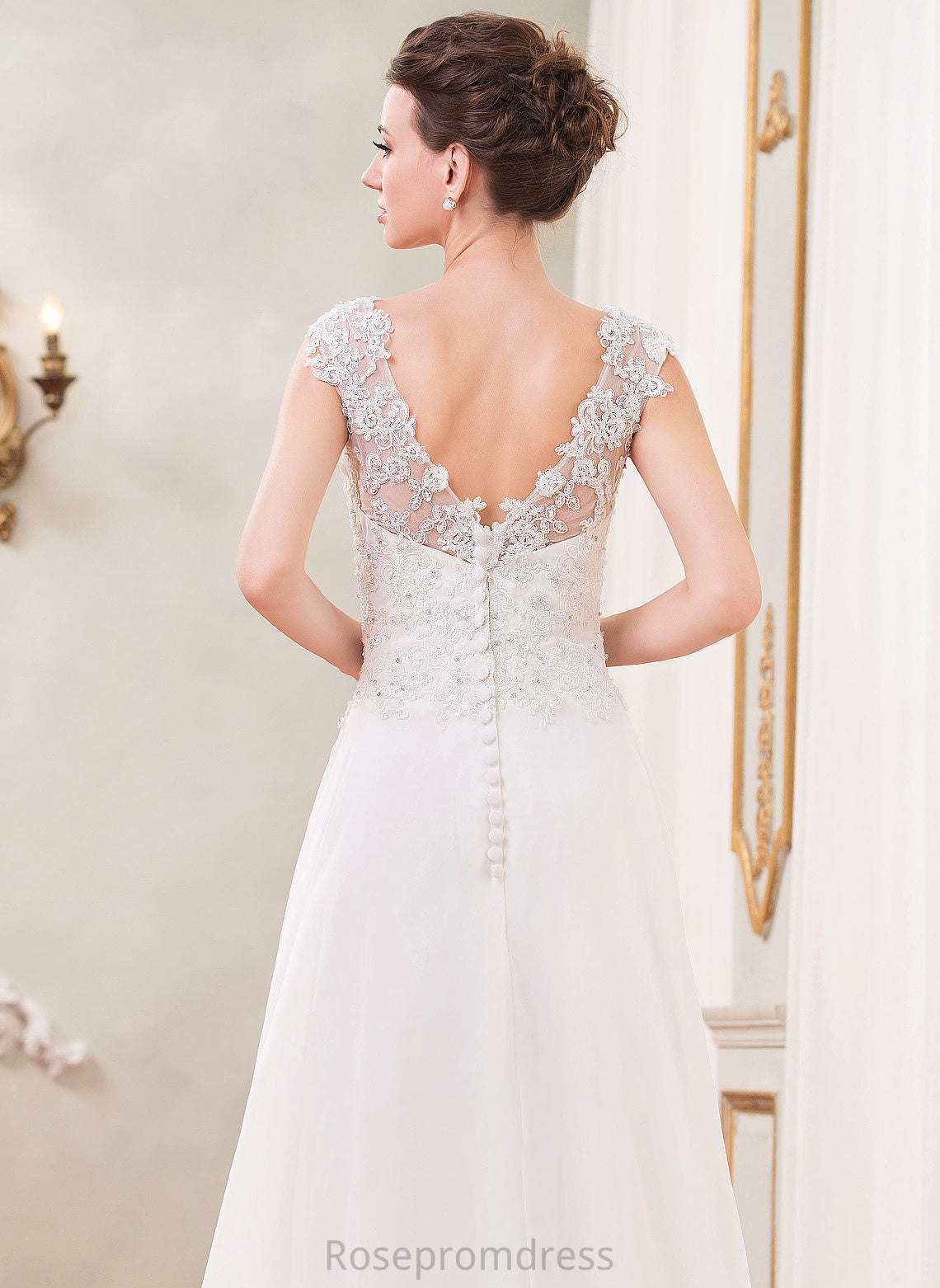 Emilee Wedding Dresses V-neck A-Line With Sweep Beading Wedding Train Lace Dress Sequins Chiffon