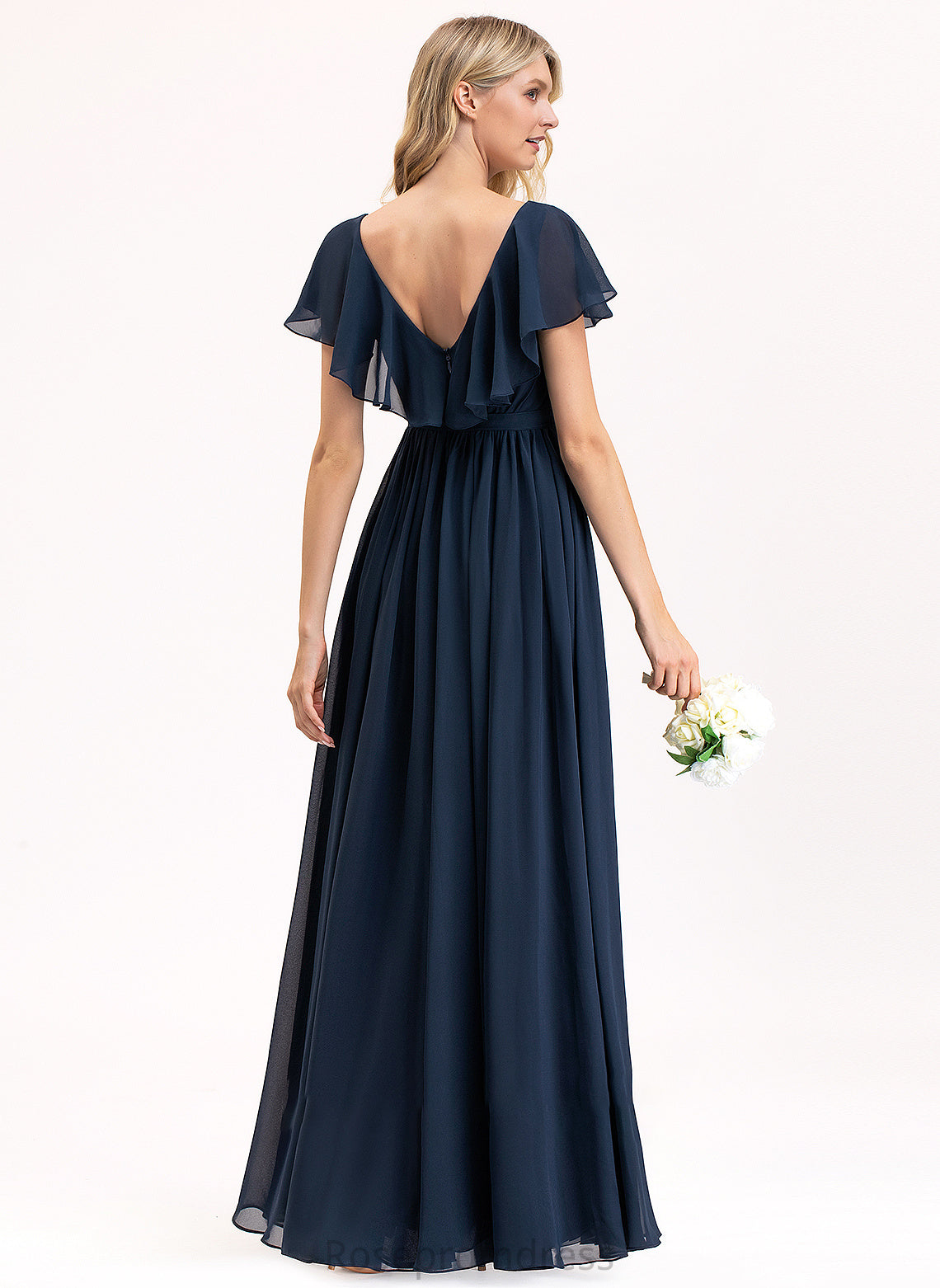 CascadingRuffles Embellishment Bow(s) Length Fabric A-Line SplitFront Silhouette Floor-Length Neckline V-neck Abagail Bridesmaid Dresses
