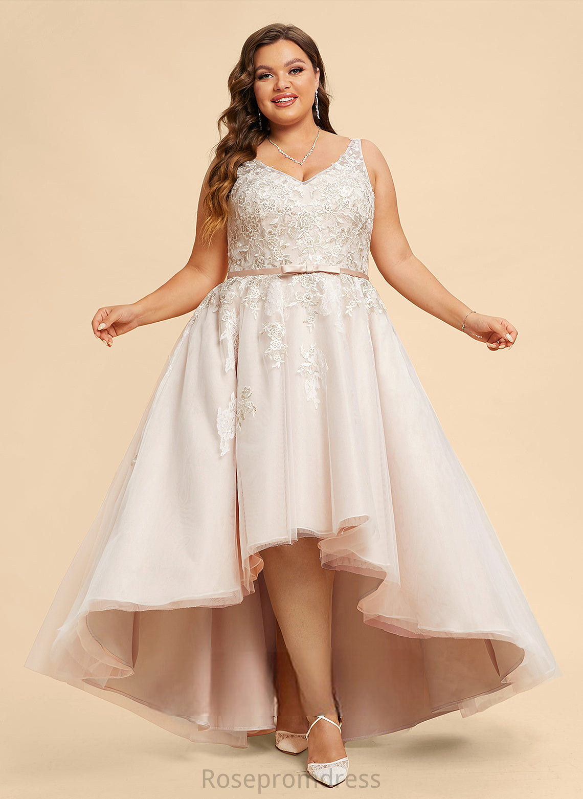 Dress Lena Asymmetrical Wedding Dresses Bow(s) Satin With Lace Wedding A-Line V-neck Tulle