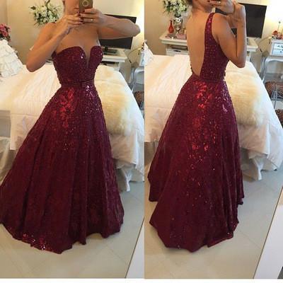Sexy V-neck Burgundy Backless Floor-Length Lace Prom Dress with Beading RS935