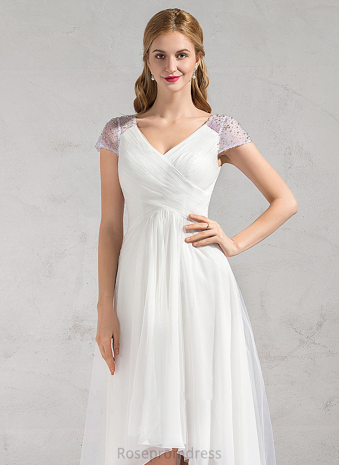 Beading Ruffle With V-neck Dress Asymmetrical A-Line Wedding Tulle Julianne Sequins Wedding Dresses