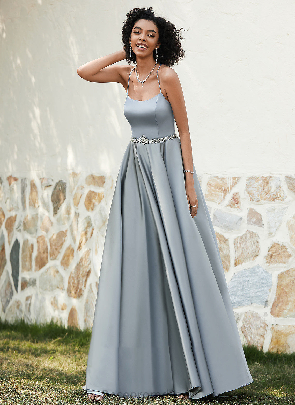 Prom Dresses Floor-Length Satin Neck Anabelle A-Line Scoop Beading With