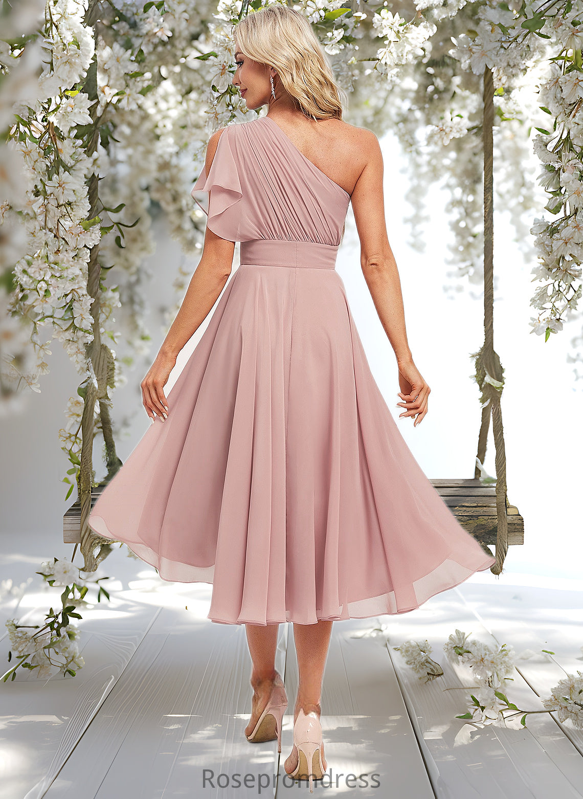 Evangeline A-line One Shoulder Asymmetrical Chiffon Bridesmaid Dress With Ruffle DSP0025819