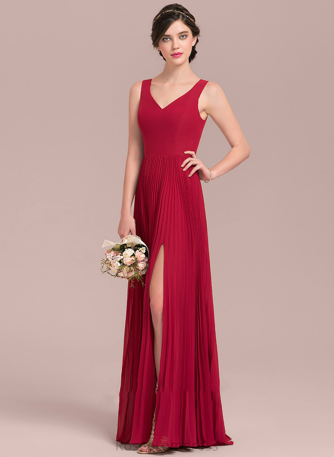 A-Line Fabric Silhouette Floor-Length Neckline Embellishment Length SplitFront V-neck Pleated Esther Spaghetti Staps Bridesmaid Dresses