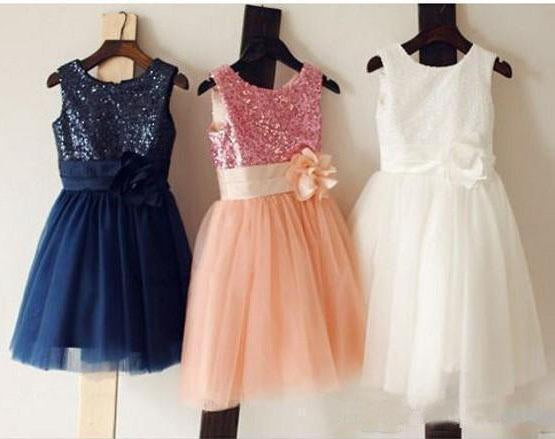 Vintage Navy Blue Sequins Flower Girls Dresses, Short Tulle Birthday Girl Dresses SRS15607