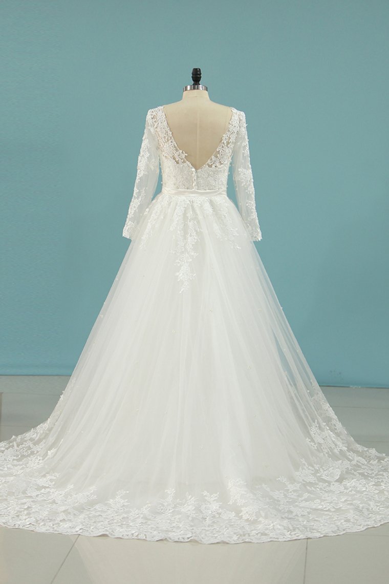 2024 Wedding Dresses V Neck Sheath With Applique Long Sleeves Detachable Train
