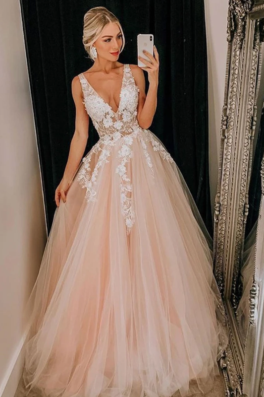 Puffy Deep V Neck Sleeveless Tulle Prom Dresses A Line Appliqued Floor Length Party SRSPJ7FHZZE