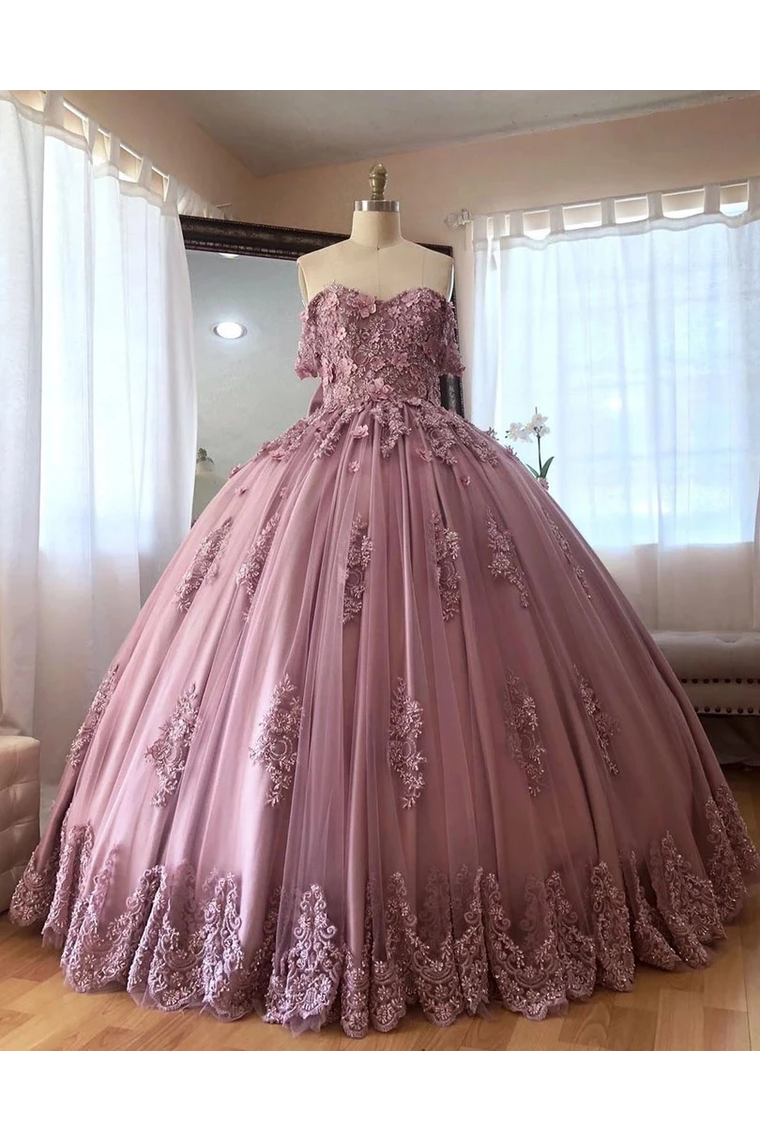 Ball Gown Off The Shoulder Tulle Quinceanera Dress With Lace Appliques Puffy Prom SRSP3HM7KB3