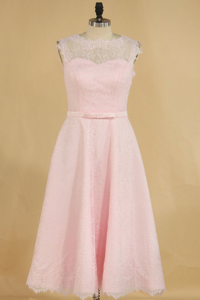 2024 A Line Wedding Dresses Scoop Lace With Sash Tea-Length