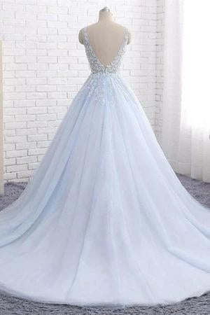 Princess Light Blue Long Ball Gown Lace Tulle Prom Dresses, V Neck Formal Dresses SRS15297