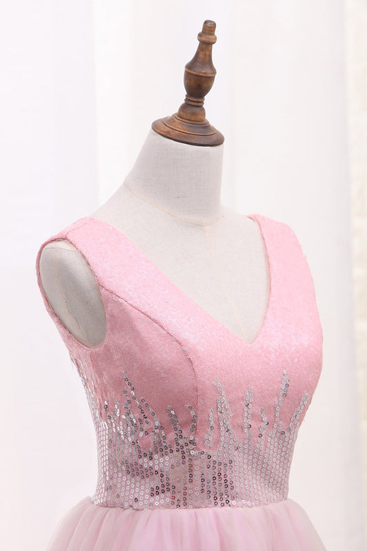 2024 V Neck Tulle A Line Homecoming Dresses Sequined Bodice Short/Mini