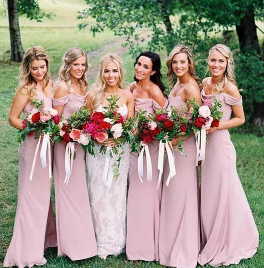 Dusty Pink Chiffon Sheath Off Shoulder Long Bridesmaid Dresses, Wedding Party Dresses SRS15141