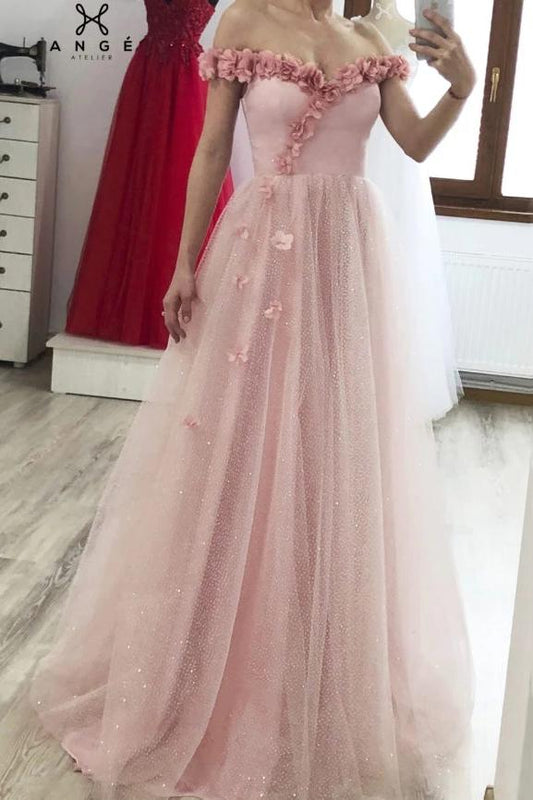 Princess A-line 3D Flowers Off the Shoulder Tulle Glitter Prom Dresses, Sweetheart Dance Dress SRS15287