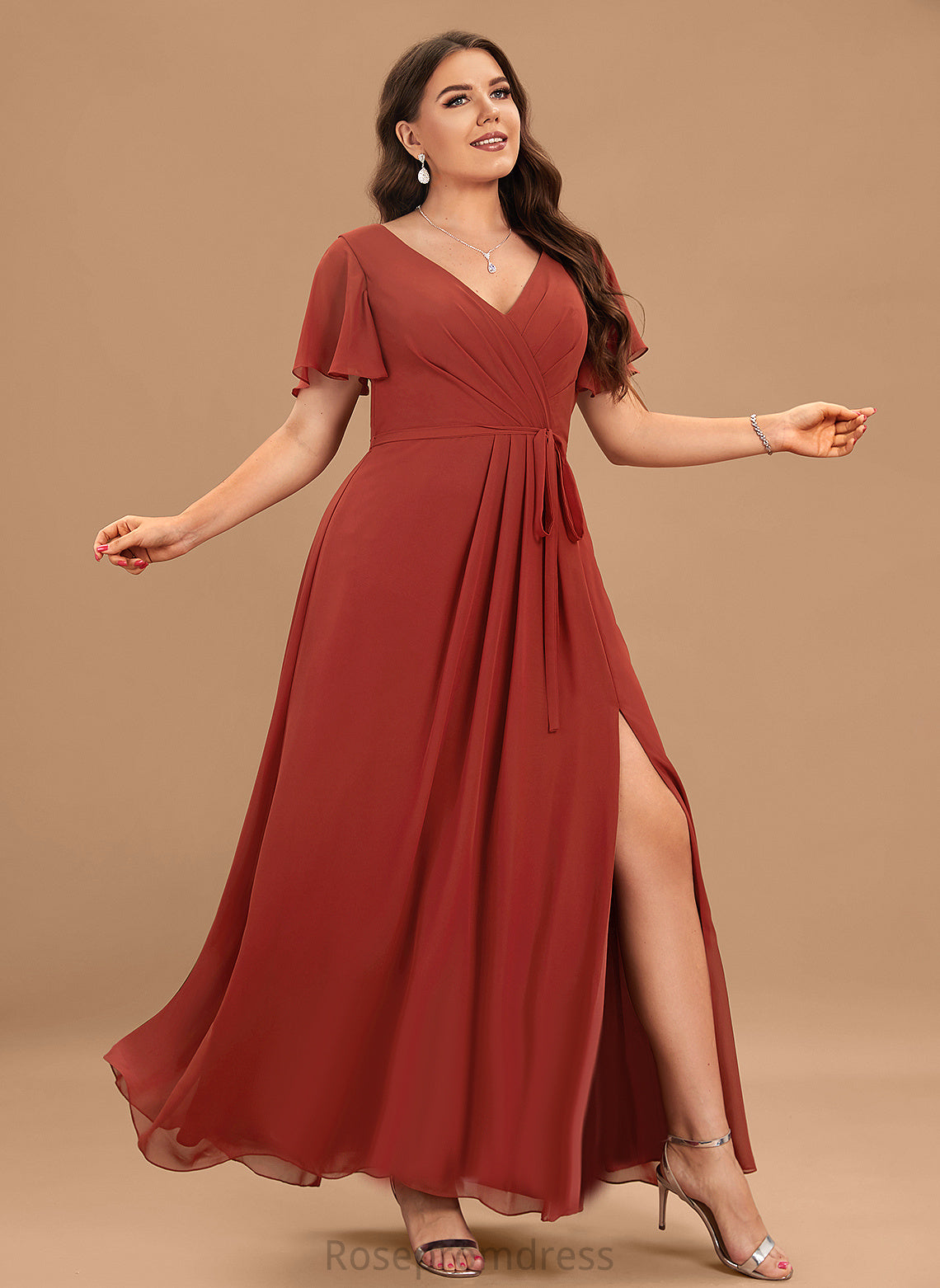 A-line Floor-Length Fabric Straps&Sleeves Length V-Neck Neckline Silhouette Aubrey Natural Waist A-Line/Princess Floor Length Bridesmaid Dresses