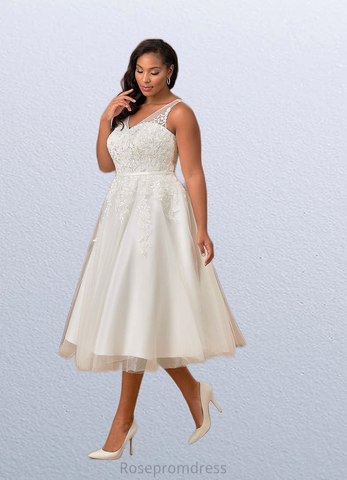 Polly A-Line Lace Satin Tea-Length Dress SRSP0020051