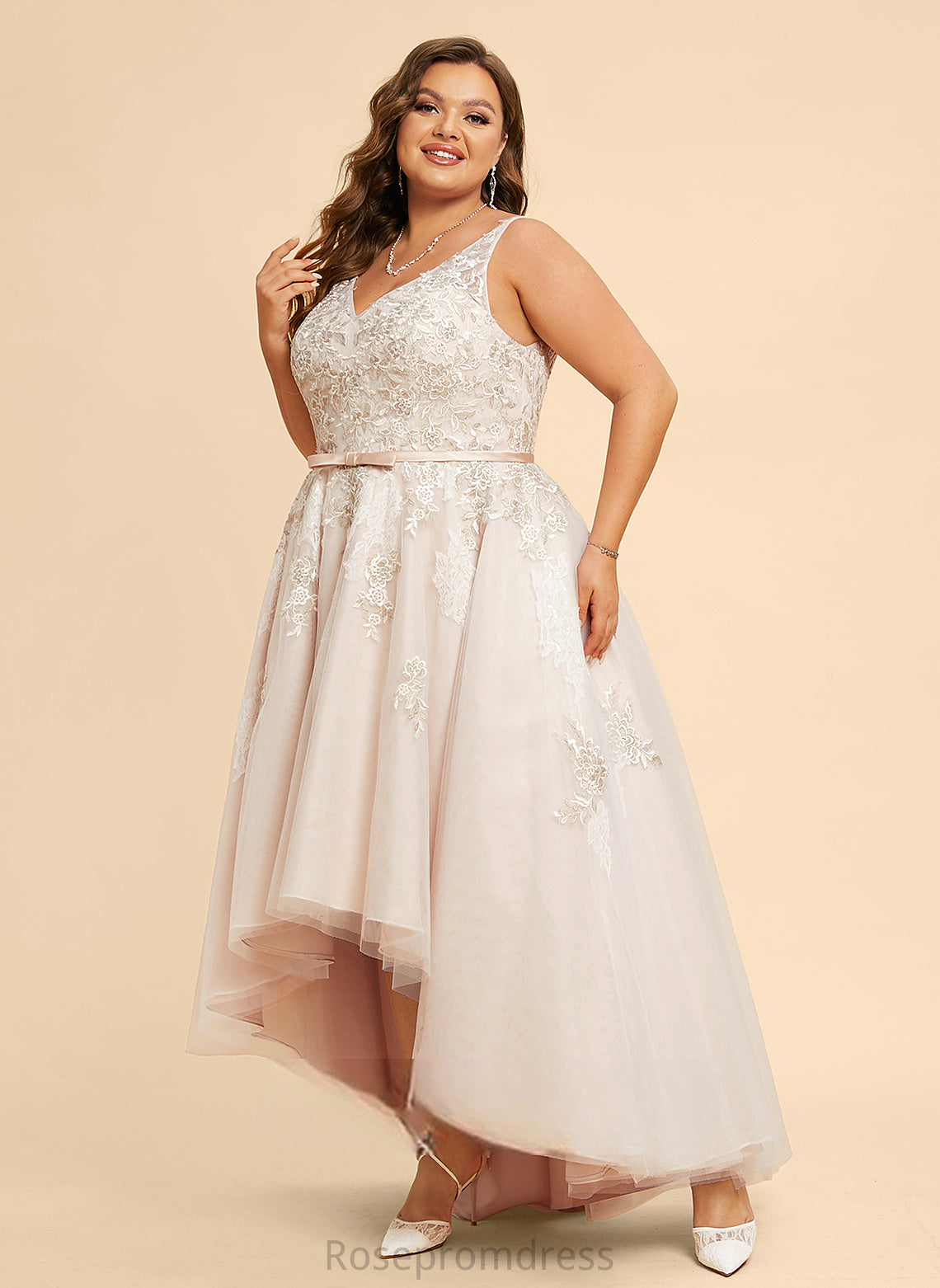 Dress Lena Asymmetrical Wedding Dresses Bow(s) Satin With Lace Wedding A-Line V-neck Tulle