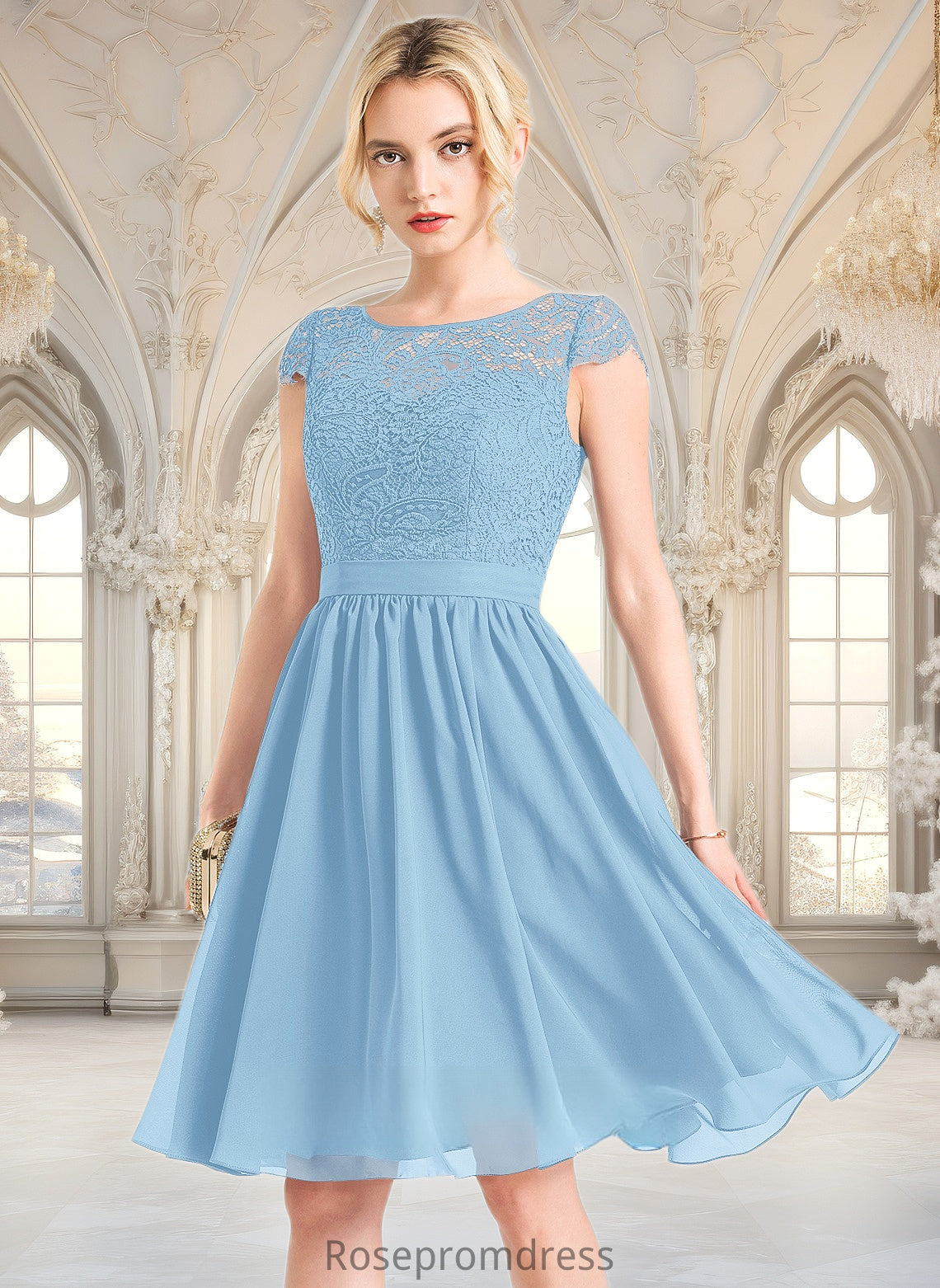 Zoey A-line Scoop Knee-Length Lace Chiffon Homecoming Dress DSP0025698