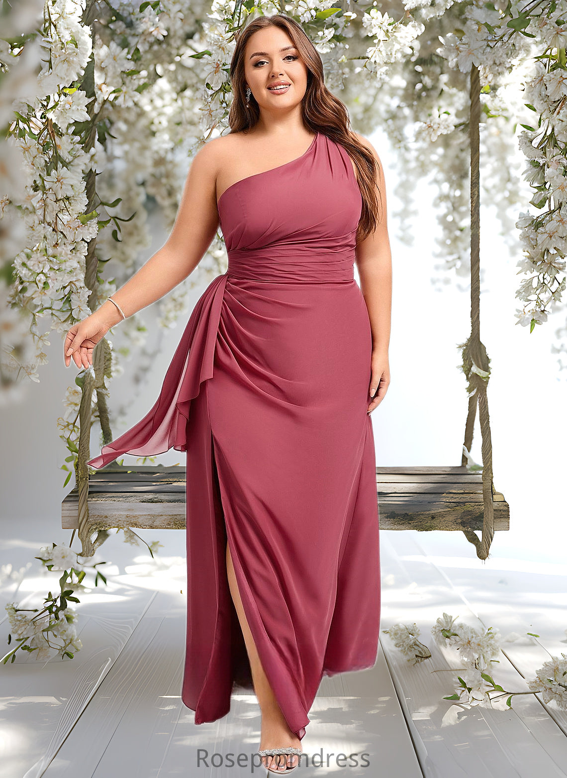 Alanna A-line One Shoulder Floor-Length Chiffon Bridesmaid Dress With Ruffle DSP0025824