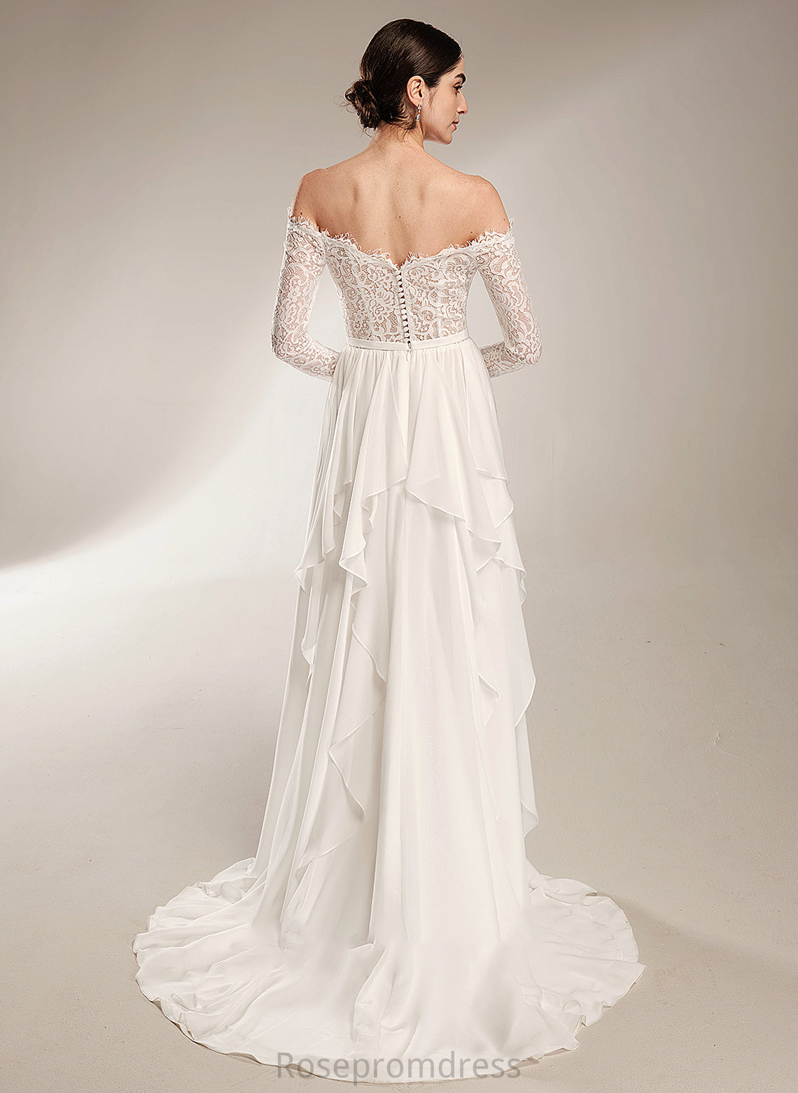 A-Line Off-the-Shoulder Wedding Dresses Ruffle With Train Wedding Nathalie Court Dress