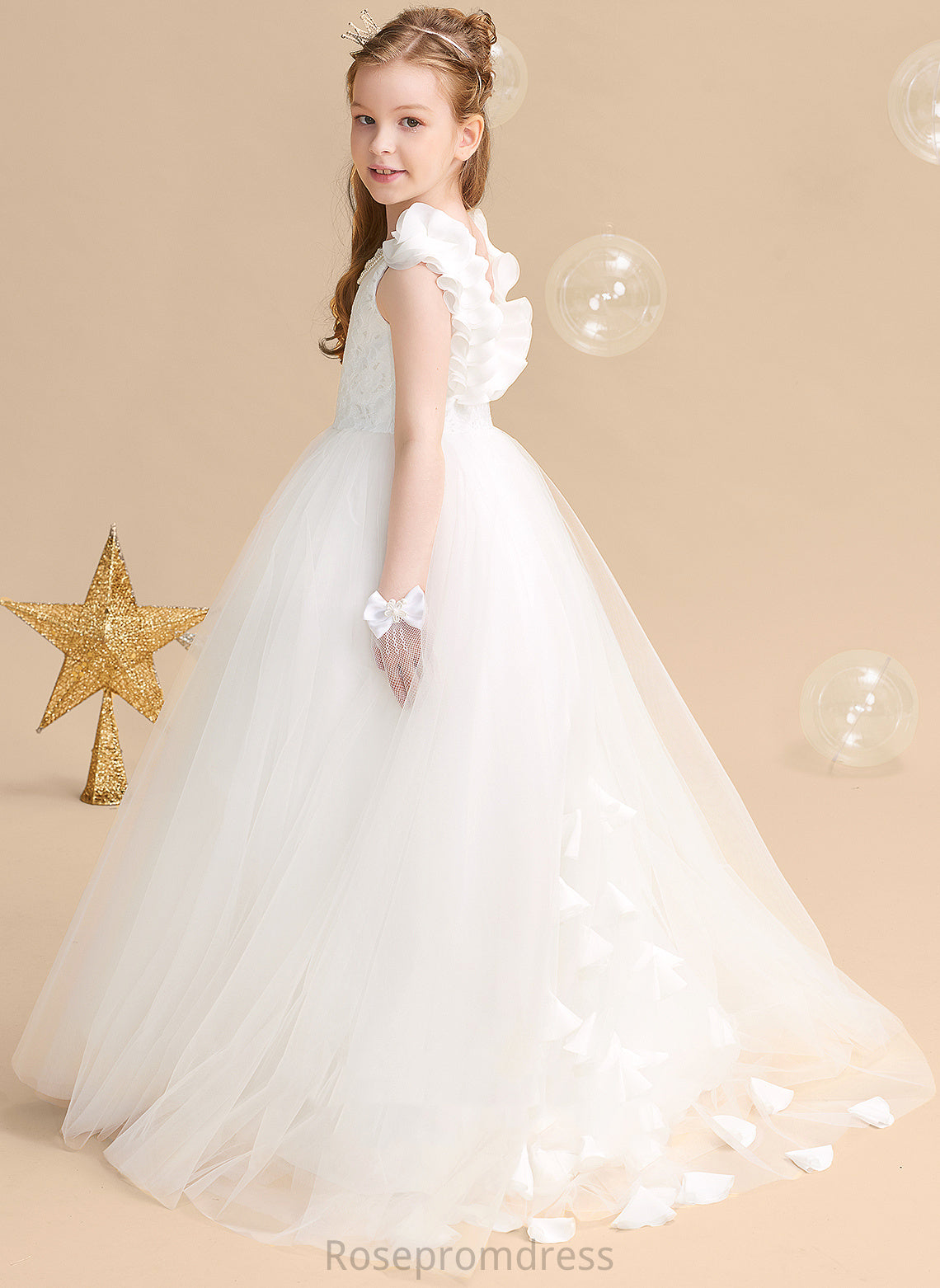 Ball-Gown/Princess Sweep Tulle/Lace Flower Girl Dresses Flower(s) Train Dress Neck - Alice Sleeveless Flower Scoop Girl With