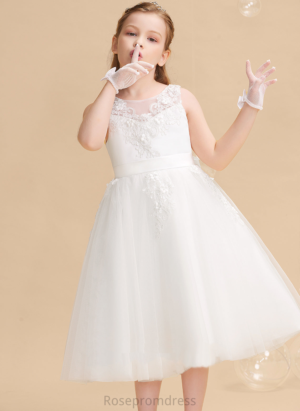 A-Line With Tea-length Sleeveless Beading/Flower(s) Meghan Tulle/Lace Dress - Flower Girl Scoop Flower Girl Dresses Neck