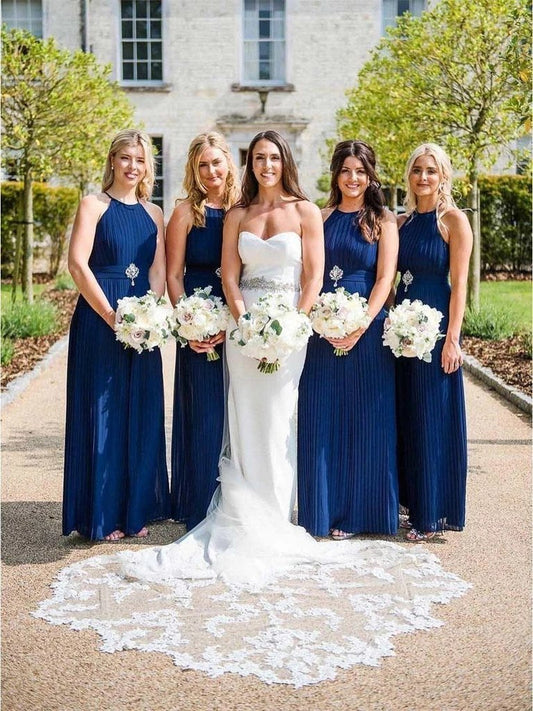 Charming Halter Neck Blue Pleated Long Bridesmaid Dresses, Wedding Party Dresses SRS15099