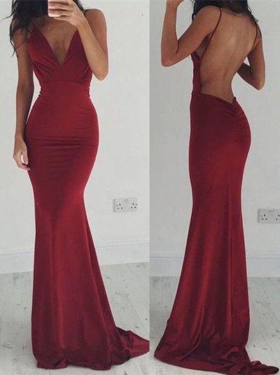 Sexy Backless Cocktail V-Neck Mermaid Spaghetti Straps Sleeveless Burgundy Prom Dresses RS32