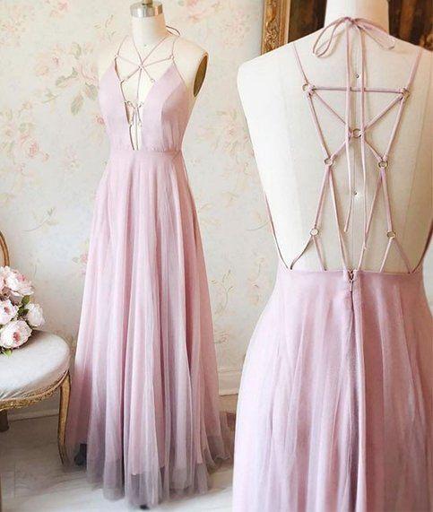 Sexy Pink V-Neck Long Chiffon Tulle Backless Sleeveless Floor-Length Prom Dresses RS758