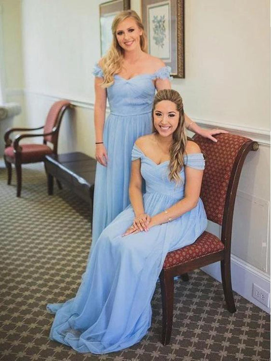 Charming Off the Shoulder Sky Blue Sweetheart Chiffon Wedding Party Dresses, Bridesmaid Dress SRS15117