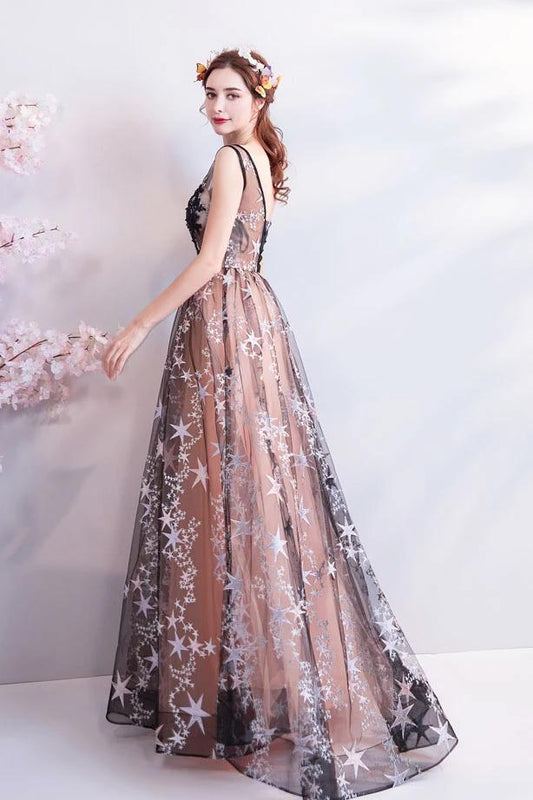 Princess A Line V Neck Applique Prom Dresses with Stars, Lace up Evening Dresses SRS15286