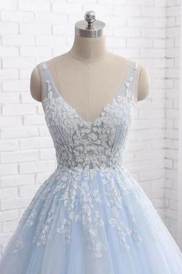 Princess Light Blue Long Ball Gown Lace Tulle Prom Dresses, V Neck Formal Dresses SRS15297