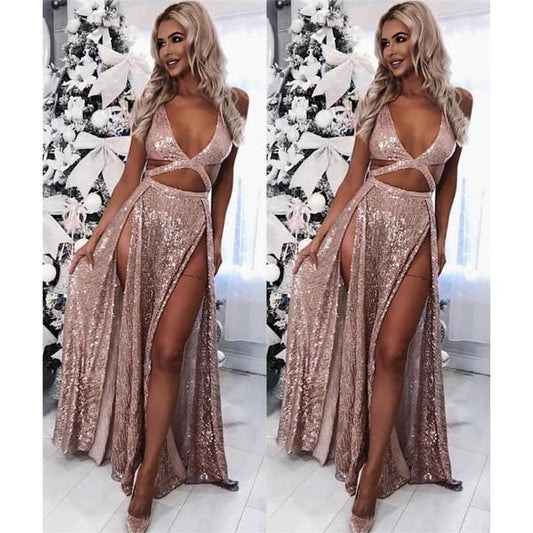 Sexy A-Line Rose Gold Sequins V Neck Prom Dresses with High Split Formal Dresses RS752