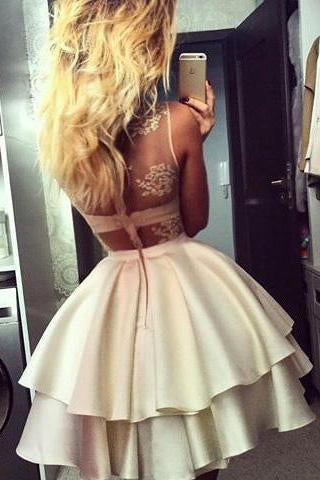 Sexy V Neck Lace Satin Zipper Back Mini Short School Dress Homecoming Dresses RS911