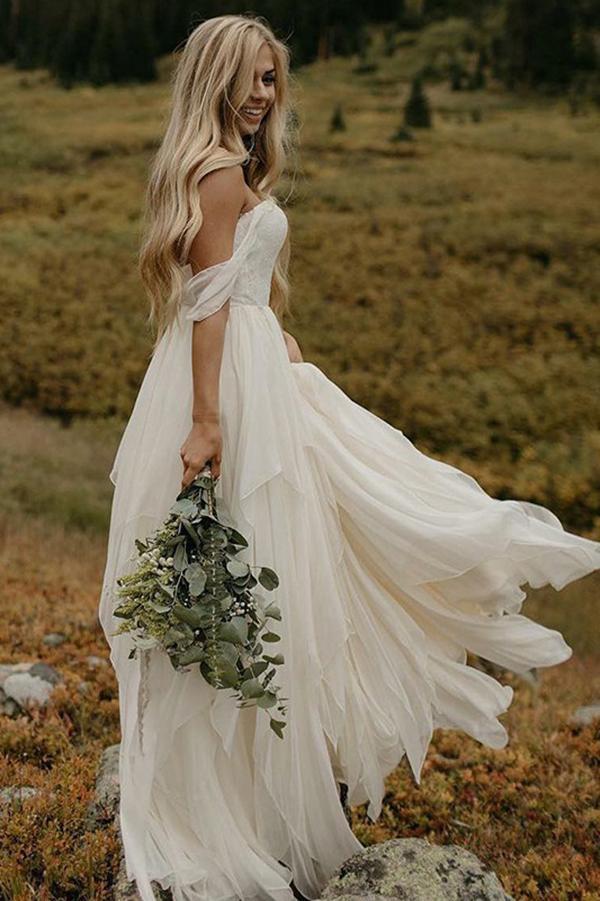 A Line Chiffon Ivory Off the Shoulder Sweetheart Beach Wedding Dresses RS581