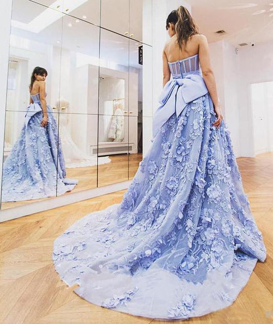 A Line Lace Appliques Sweetheart Prom Dresses Long Blue Quinceanera Dresses RS617