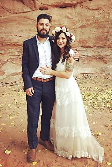 A Line Lace Straps Wedding Dresses Ivory Backless Long Bridal Dresses JS817