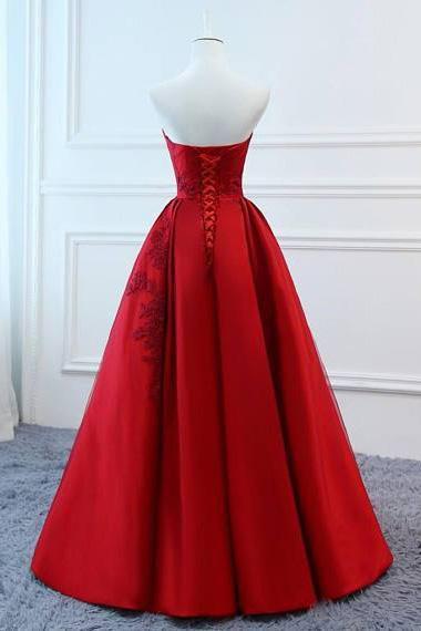 A Line Red Strapless Sweetheart Prom Dresses Satin Long Cheap Quinceanera Dresses RS605
