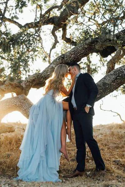 A Line Sky Blue Rustic Chiffon Deep V Neck Slit Summer Beach Wedding Dresses RS863