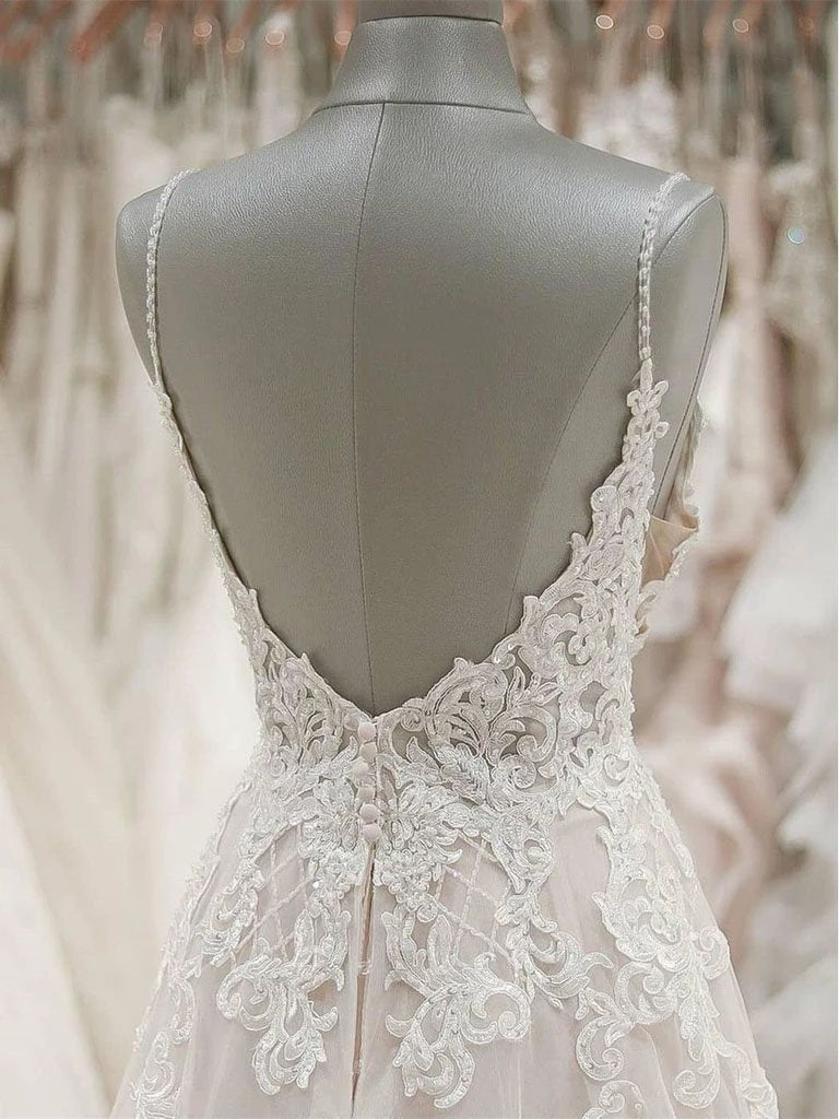 A Line Spaghetti Straps V Neck Beach Wedding Dresses Beaded Bodice Wedding Dresses W1062