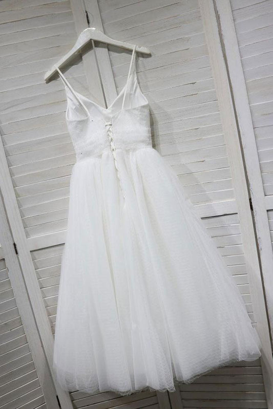 A Line Spaghetti Straps White Lace up Tulle V Neck Short Prom Dress Homecoming Dress H1028