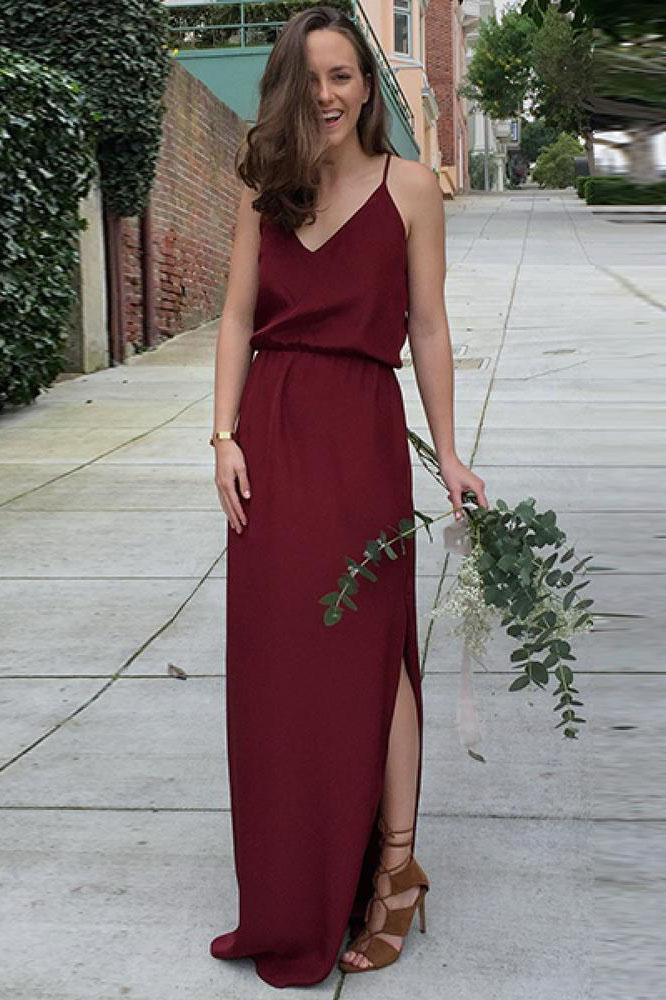 A Line V Neck Spaghetti Straps Burgundy Bridesmaid Dresses, Sweetheart Slit Prom Dress PW346