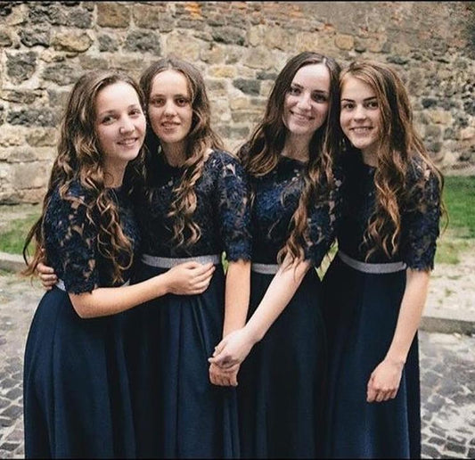 A line Dark Blue Half Sleeve Scoop Bridesmaid Dresses Chiffon Lace Prom Dresses RS543