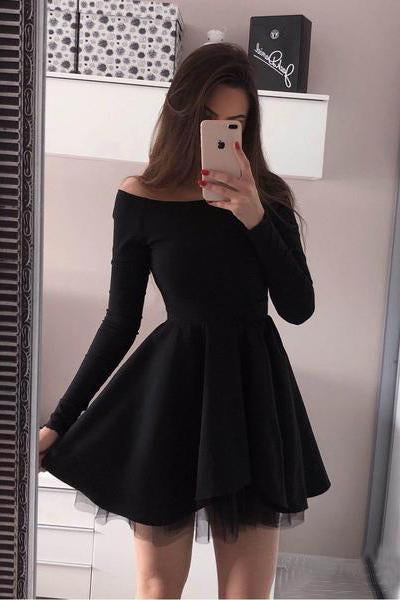 A line Long Sleeve Black Satin Short Prom Dresses Above Knee Cocktail Dresses RS659
