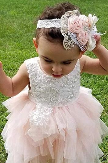 Adorable A-line Knee length Pink Tulle Little Flower Girl Dress with Lace Party Dress FG1005